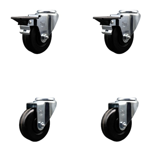 3.5'' Phenolic Wheel Swivel Bolt Hole Caster Set with 2 Posi Lock Brakes, 4PK